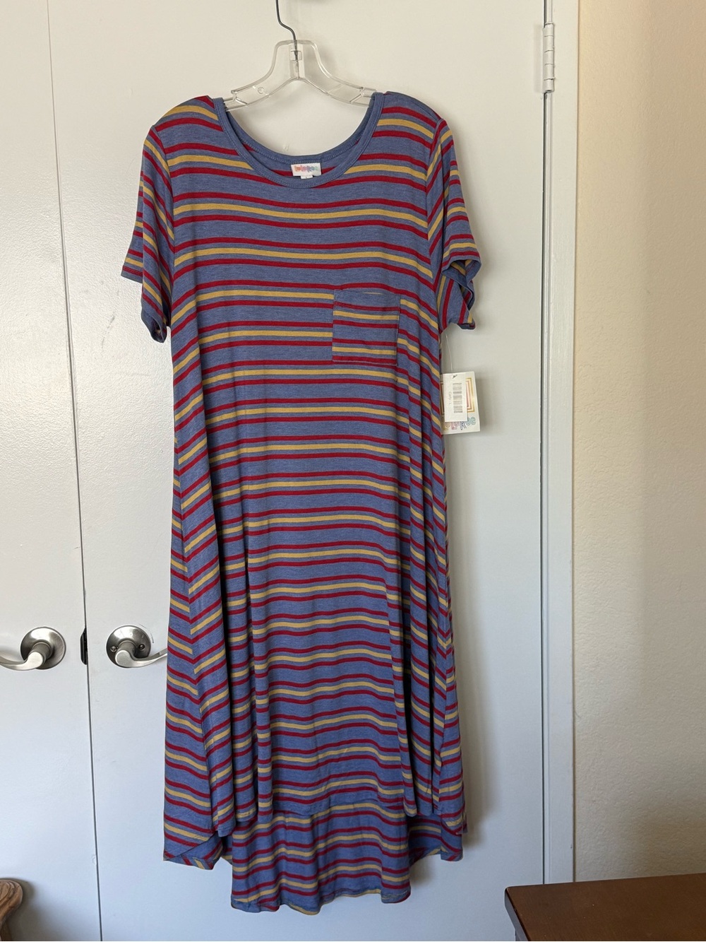LuLaRoe Striped Carly Midi Dress in Blue, Red, and Yellow